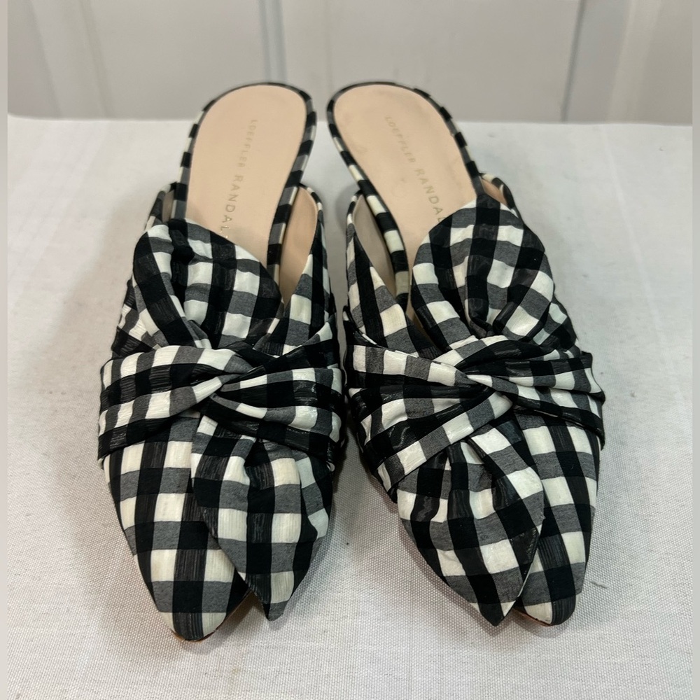 Lorffler Randall Margot black and white bow gingham kitten heel mules size 7